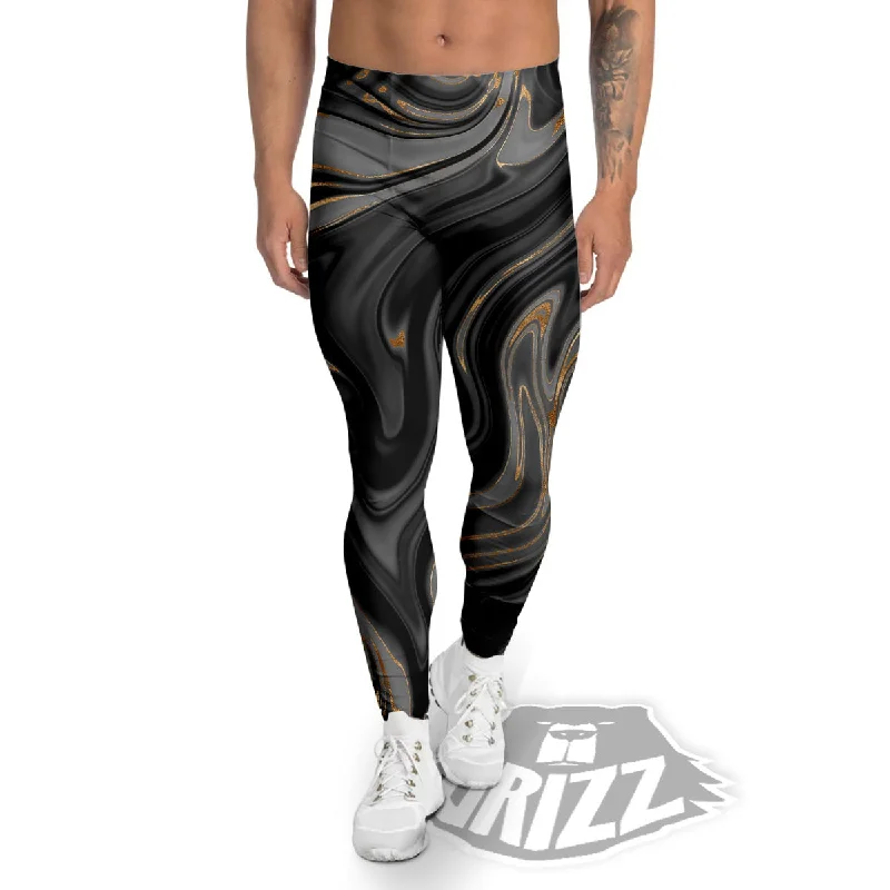 Marble Liquid Grey Gold Print Men's Leggings