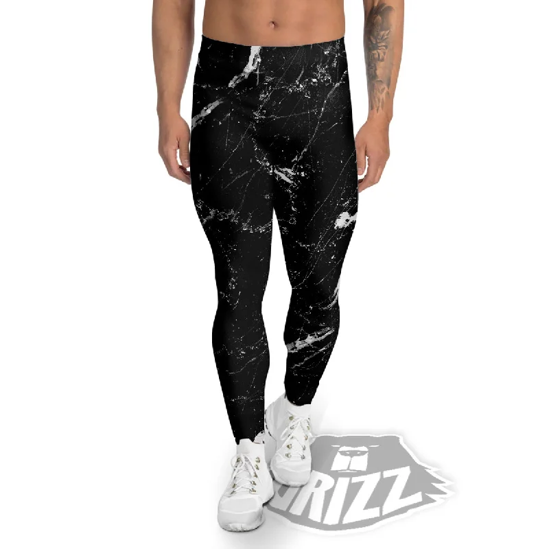 Marble White Dark Grey Print Men's Leggings