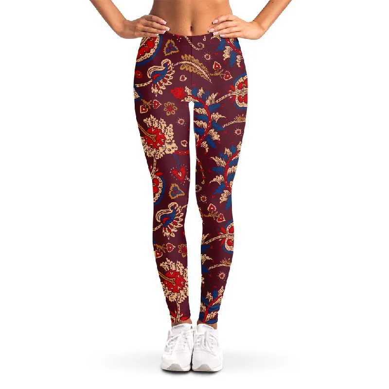 Maroon Vintage Bohemian Floral Print Women's Leggings