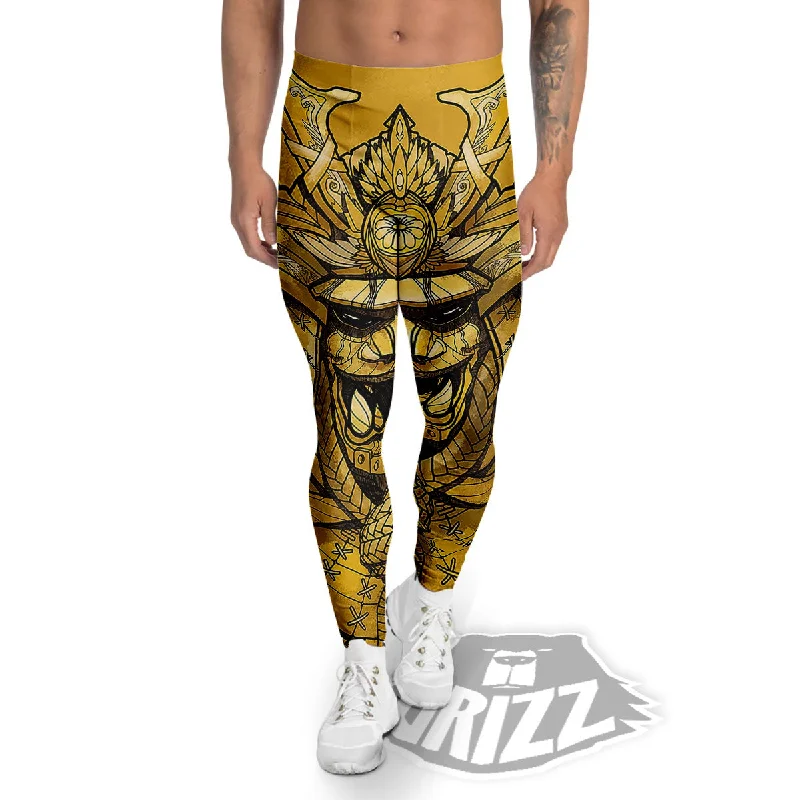 Mask Samurai Gold Print Men's Leggings