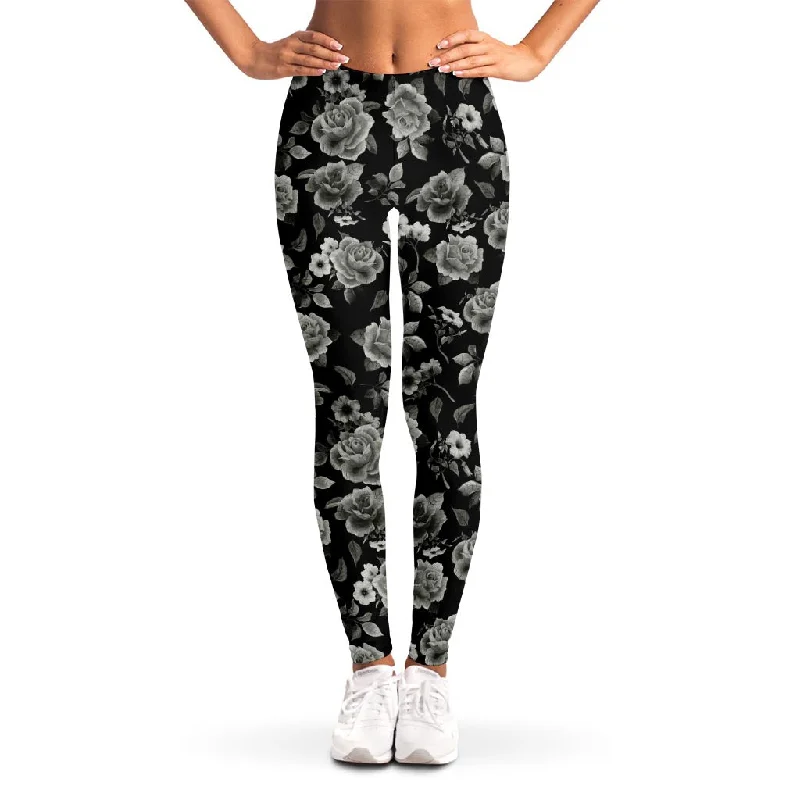 Monochrome Rose Floral Pattern Print Women's Leggings