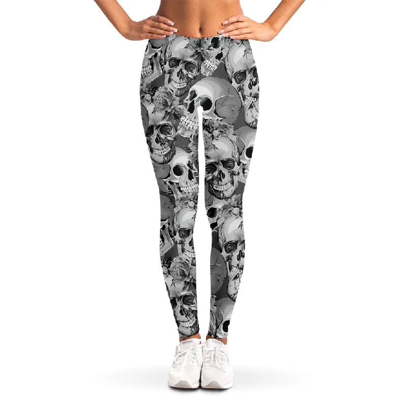 Monochrome Skull Flowers Pattern Print Women's Leggings