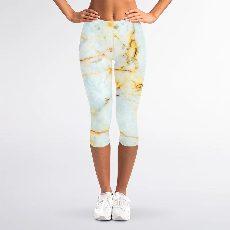 Natural Gold Marble Print Women's Capri Leggings