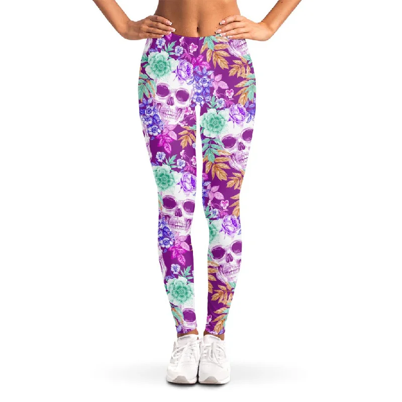 Neon Skull Floral Pattern Print Women's Leggings