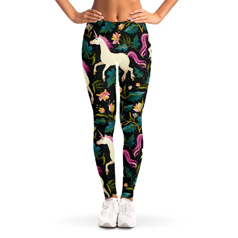 Night Floral Unicorn Pattern Print Women's Leggings