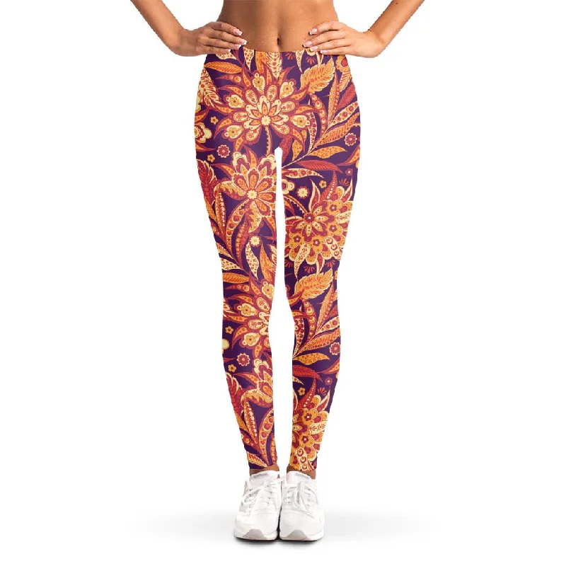 Orange Bohemian Floral Pattern Print Women's Leggings