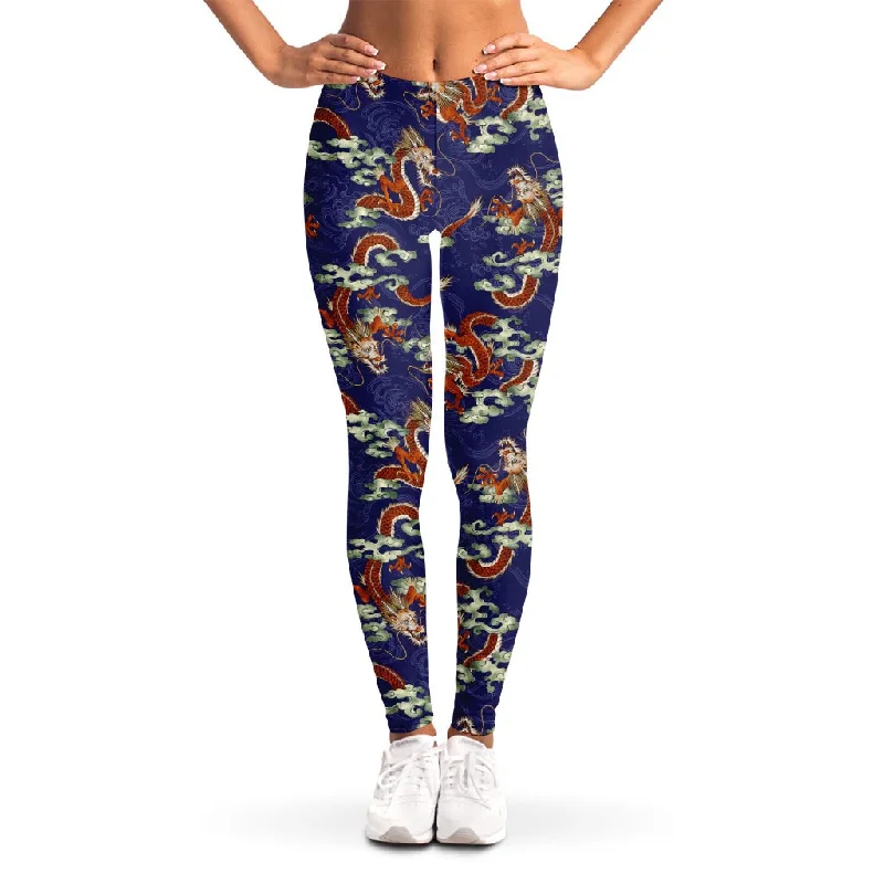 Orange Japanese Dragon Pattern Print Women's Leggings