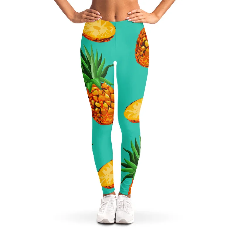 Pastel Turquoise Pineapple Pattern Print Women's Leggings