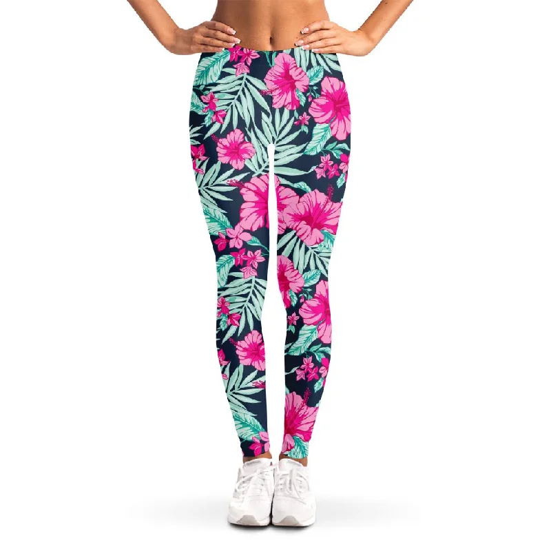 Pink Hibiscus Tropical Pattern Print Women's Leggings