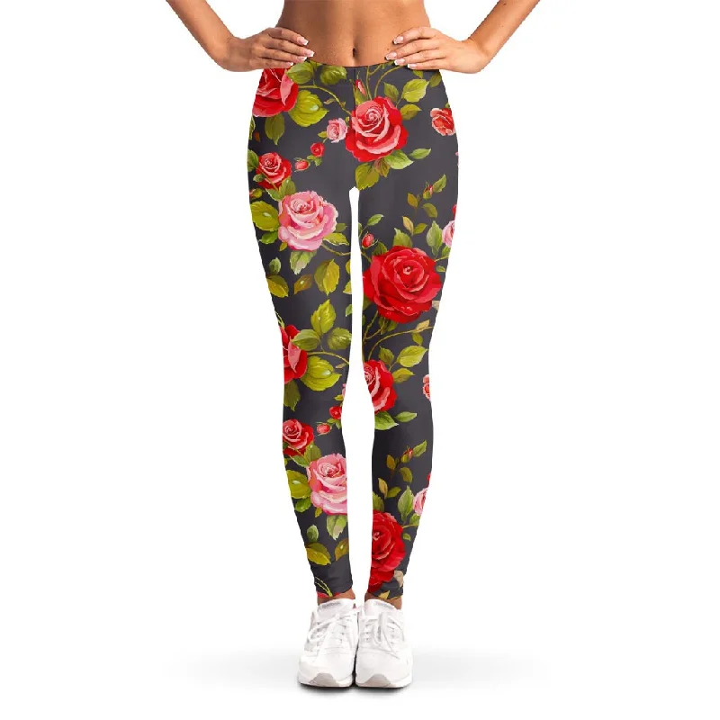 Pink Red Rose Floral Pattern Print Women's Leggings