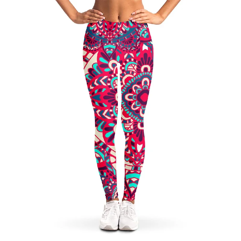 Pink Teal Bohemian Mandala Pattern Print Women's Leggings