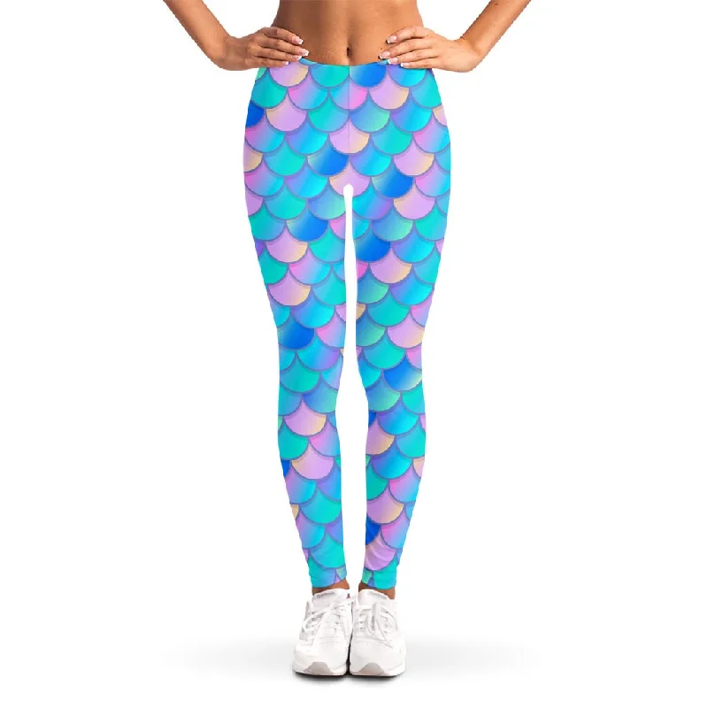 Pink Teal Mermaid Scales Pattern Print Women's Leggings