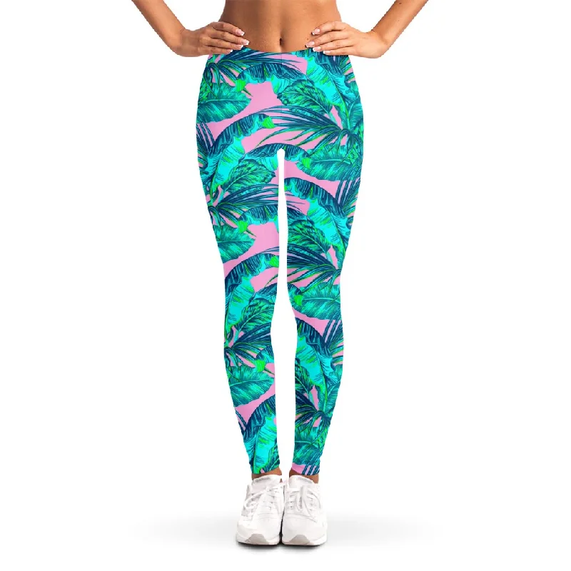 Pink Teal Tropical Leaf Pattern Print Women's Leggings