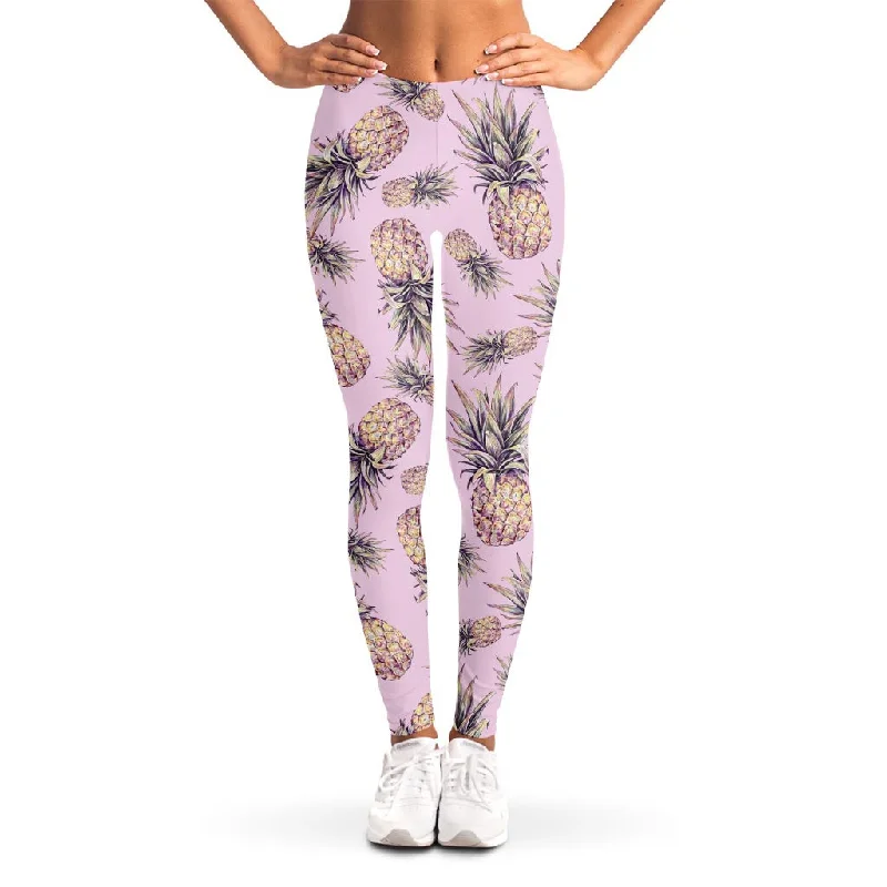 Pink Vintage Pineapple Pattern Print Women's Leggings