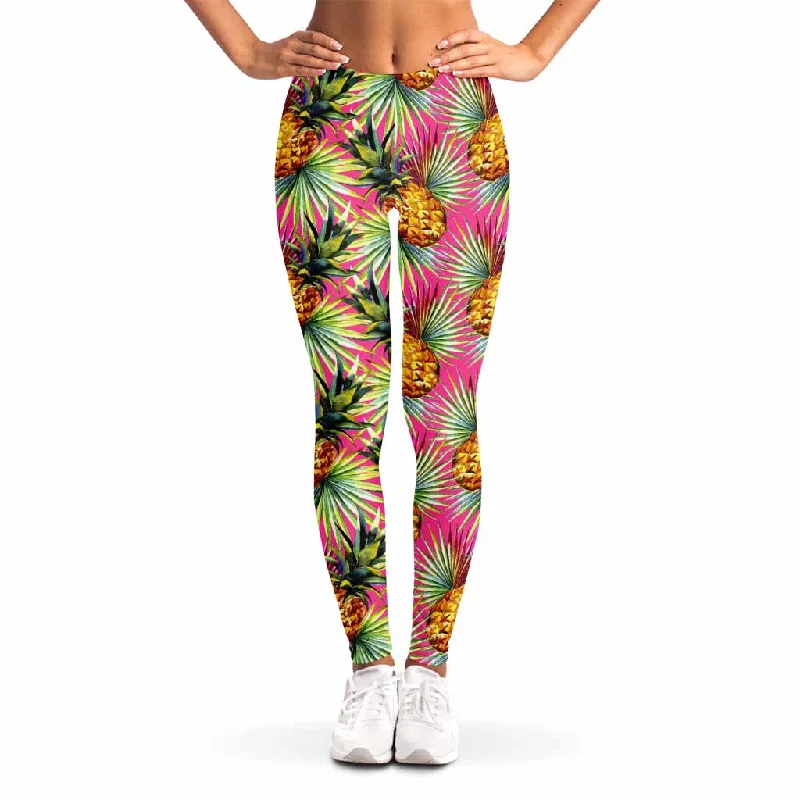 Pink Watercolor Pineapple Pattern Print Women's Leggings