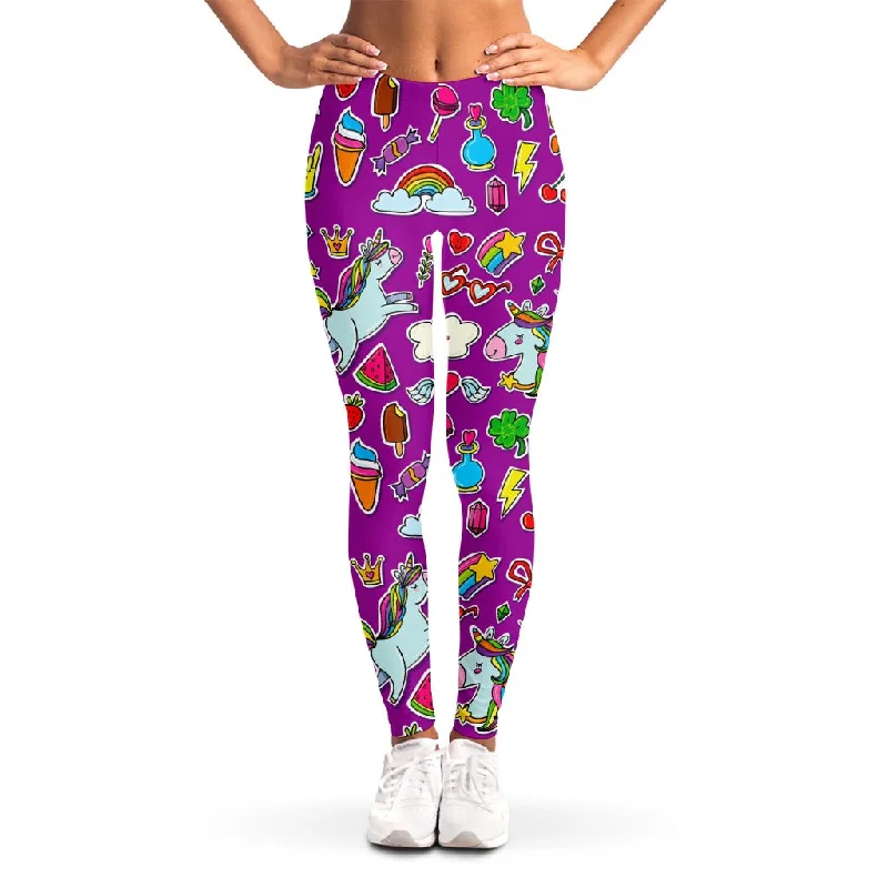 Purple Girly Unicorn Pattern Print Women's Leggings