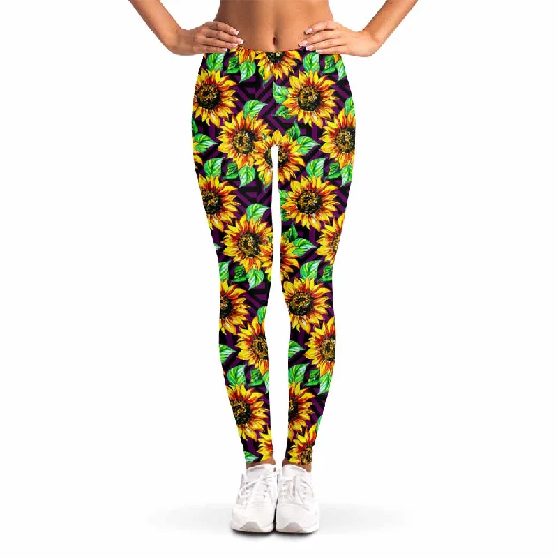 Purple Trippy Sunflower Pattern Print Women's Leggings