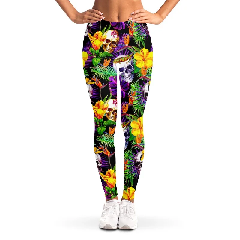 Purple Tropical Skull Pattern Print Women's Leggings