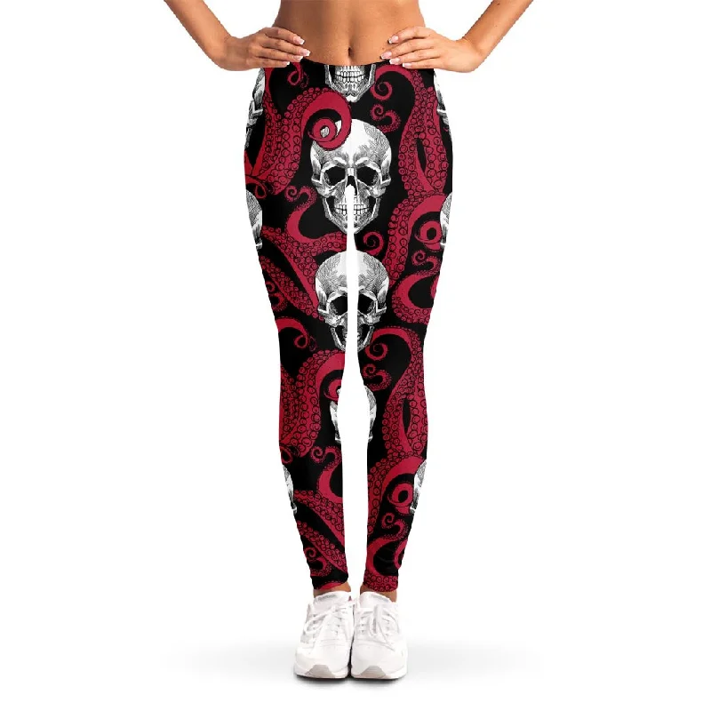 Red Octopus Skull Pattern Print Women's Leggings