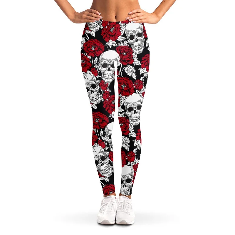 Red Peony Skull Pattern Print Women's Leggings