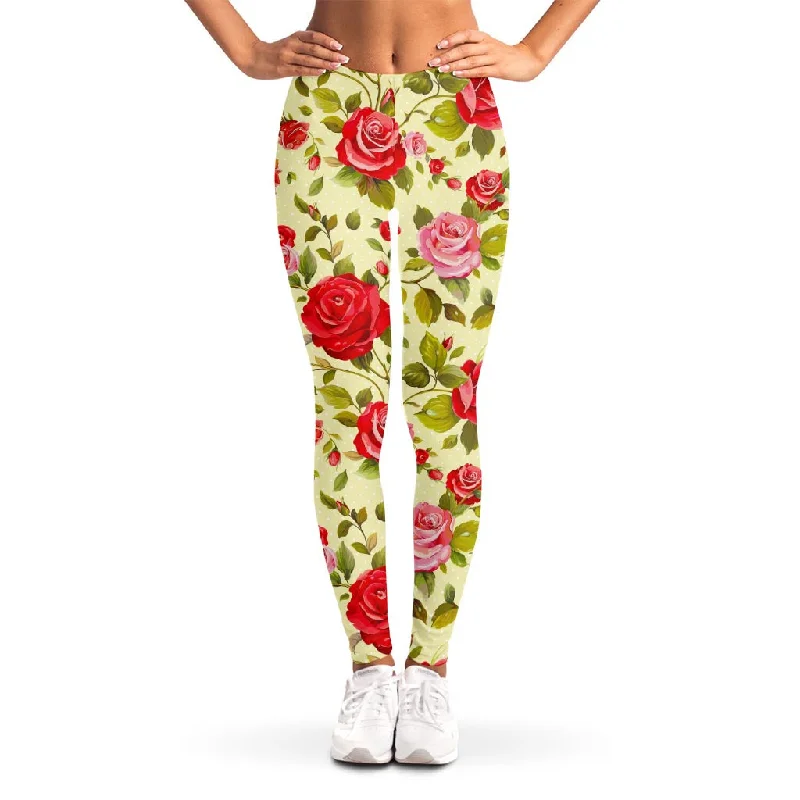 Red Pink Rose Floral Pattern Print Women's Leggings