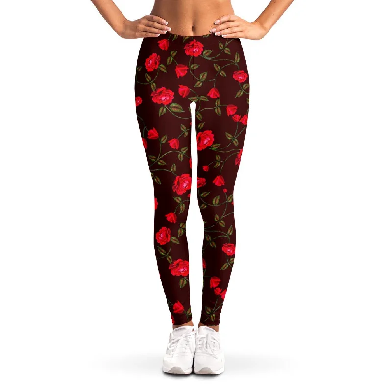 Red Rose Floral Flower Pattern Print Women's Leggings