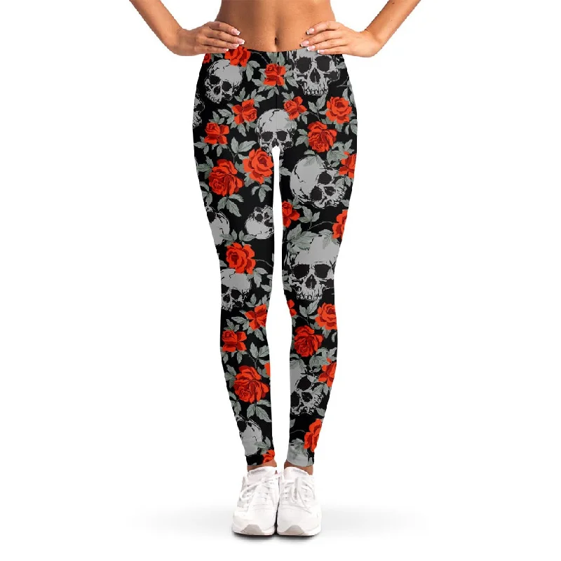 Red Rose Grey Skull Pattern Print Women's Leggings