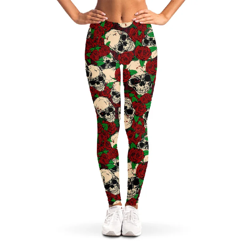 Red Rose Skull Pattern Print Women's Leggings