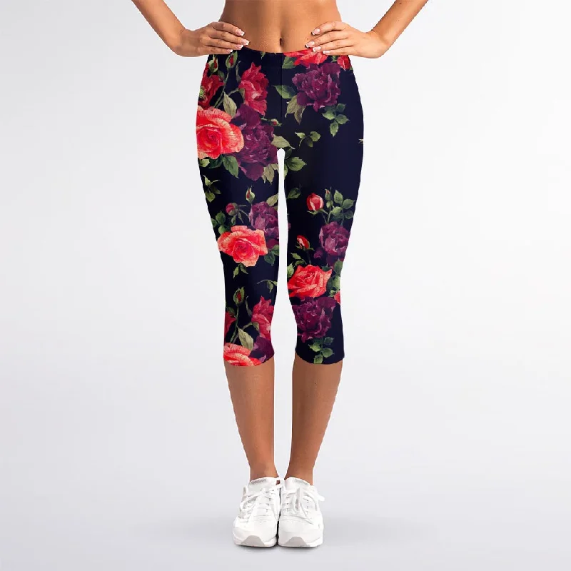 Red Violet Roses Floral Pattern Print Women's Capri Leggings