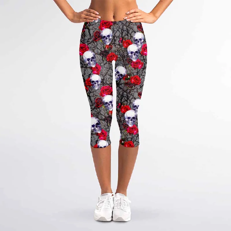 Rose Branch Skull Pattern Print Women's Capri Leggings