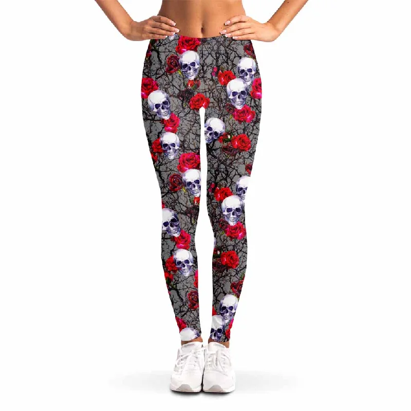 Rose Branch Skull Pattern Print Women's Leggings