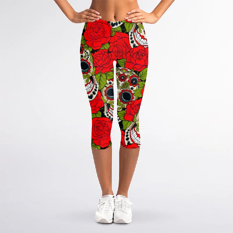 Rose Floral Sugar Skull Pattern Print Women's Capri Leggings