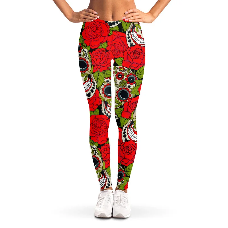 Rose Floral Sugar Skull Pattern Print Women's Leggings