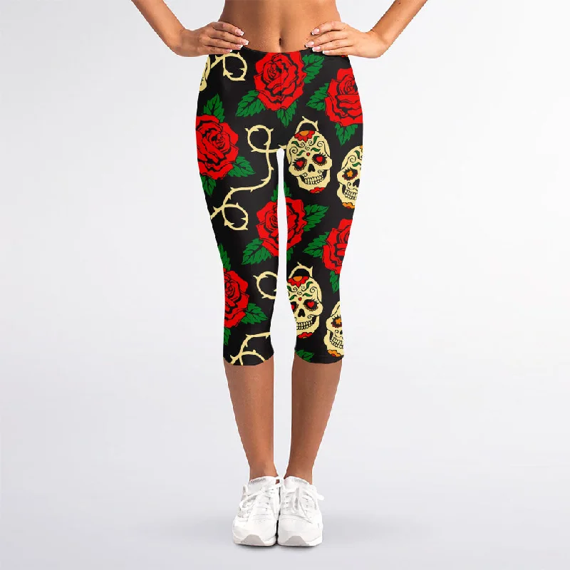 Rose Flower Sugar Skull Pattern Print Women's Capri Leggings