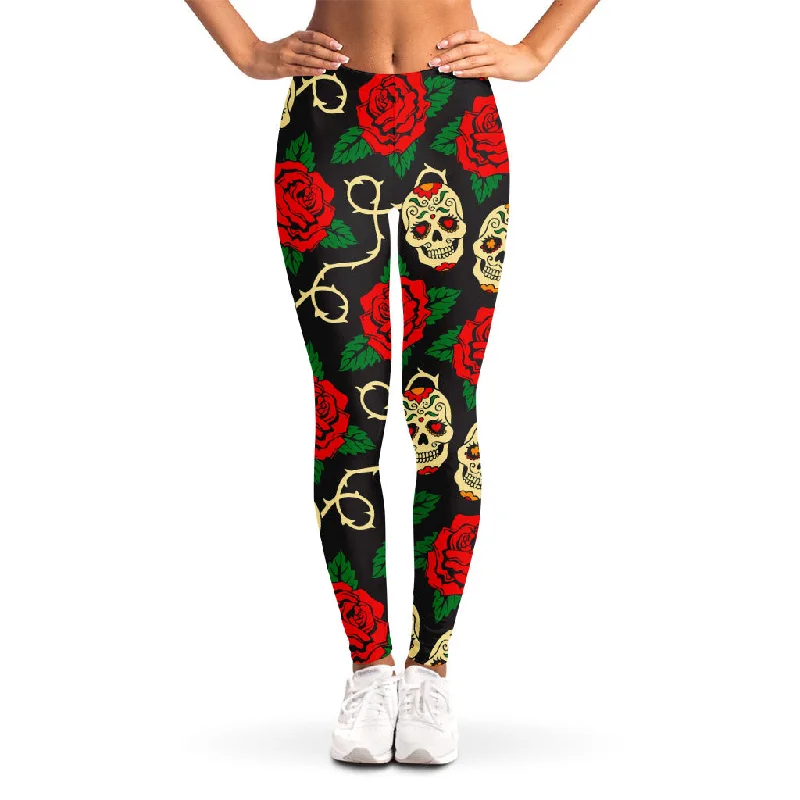 Rose Flower Sugar Skull Pattern Print Women's Leggings