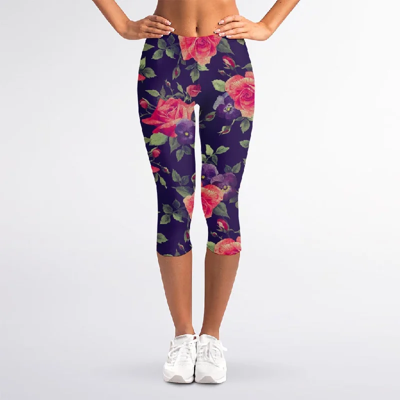 Rose Pansy Floral Flower Pattern Print Women's Capri Leggings