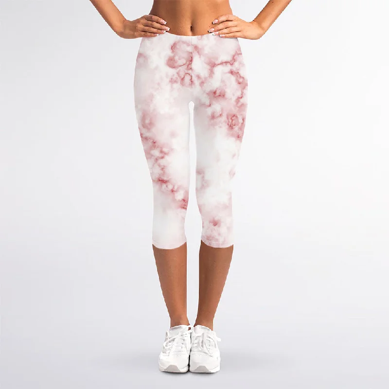 Rose Pink Marble Print Women's Capri Leggings