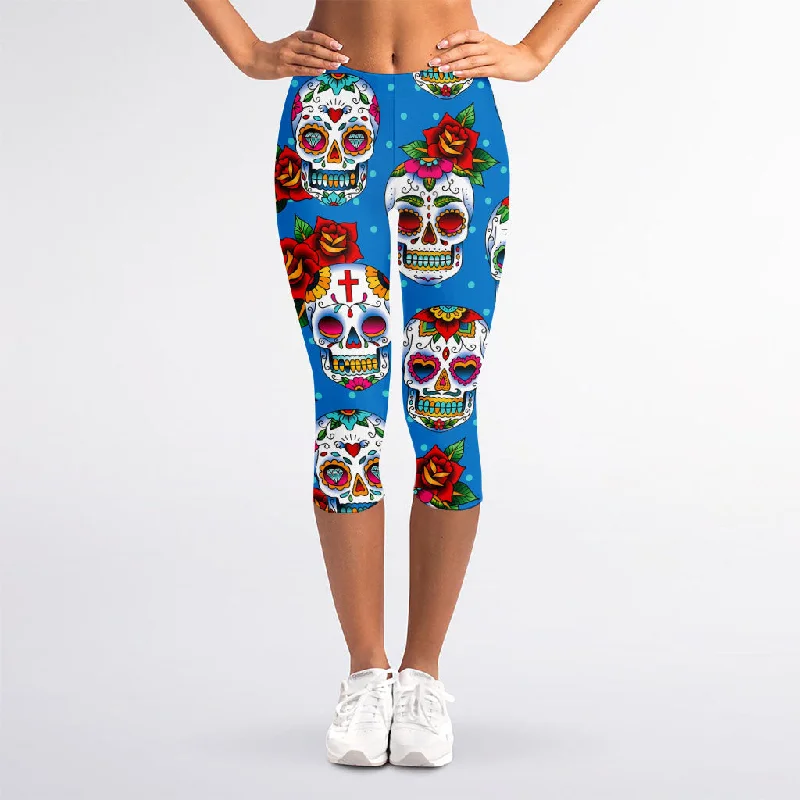 Rose Sugar Skull Pattern Print Women's Capri Leggings