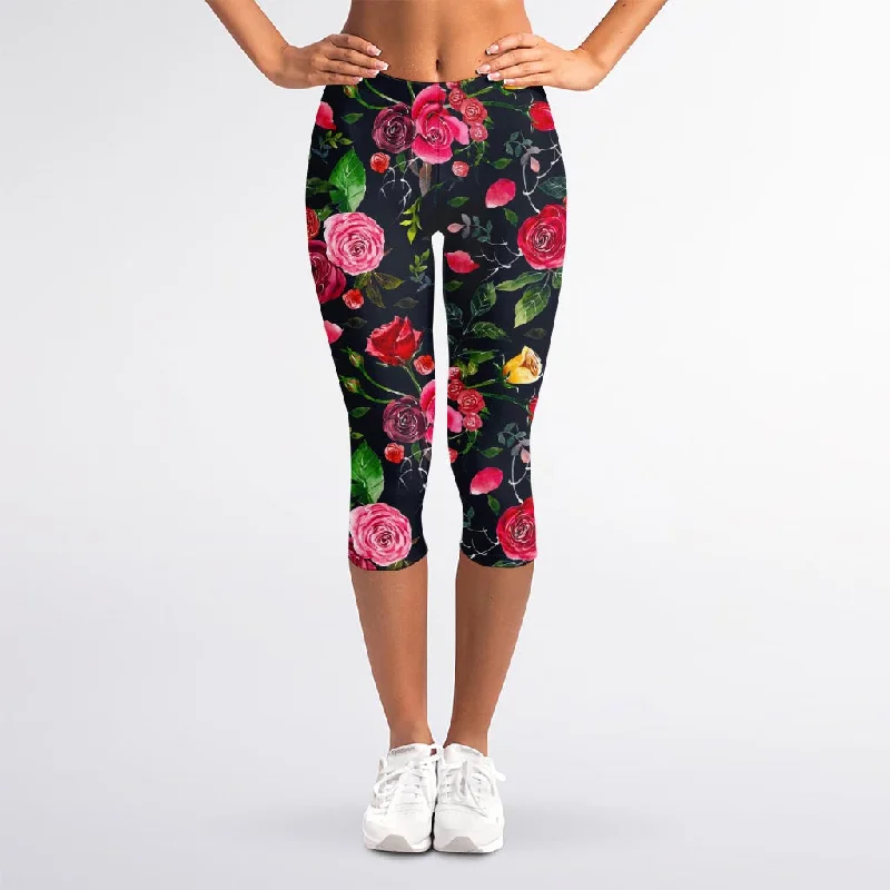 Roses Floral Flower Pattern Print Women's Capri Leggings