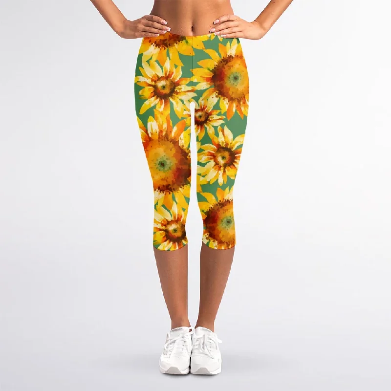 Sage Watercolor Sunflower Pattern Print Women's Capri Leggings