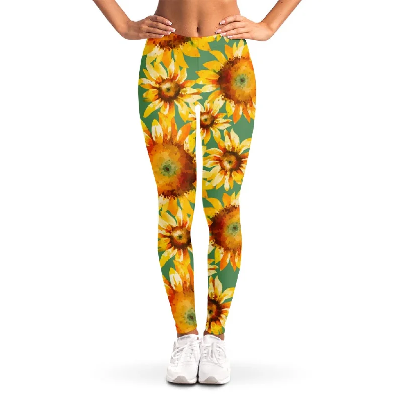 Sage Watercolor Sunflower Pattern Print Women's Leggings