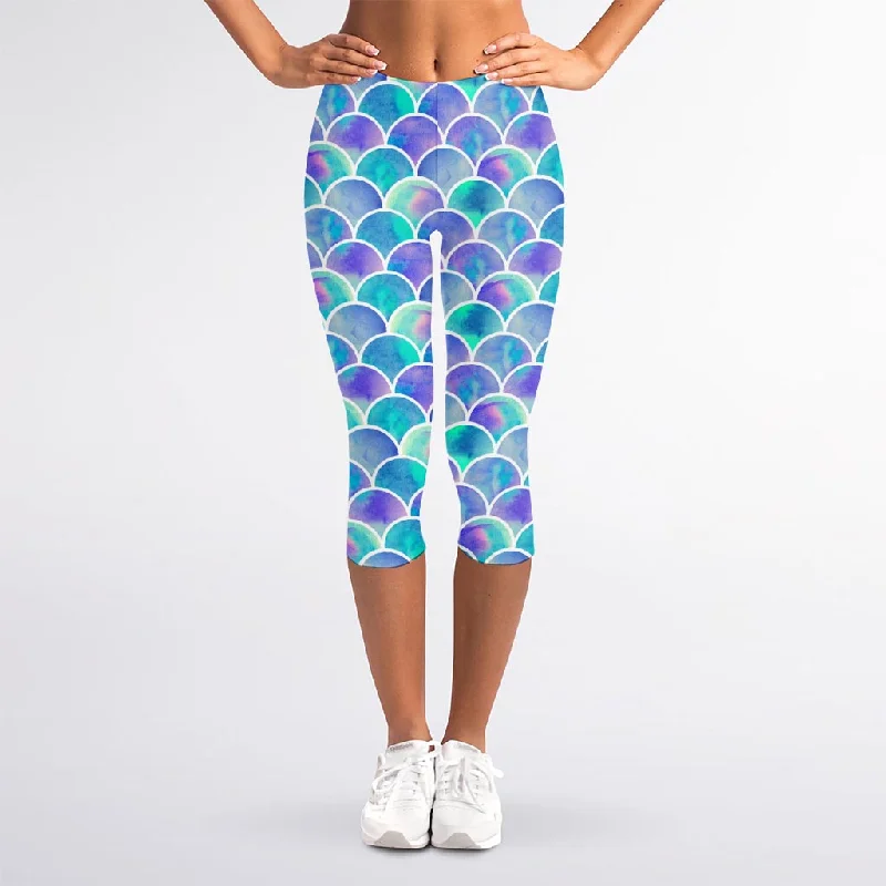 Sea Blue Mermaid Scales Pattern Print Women's Capri Leggings