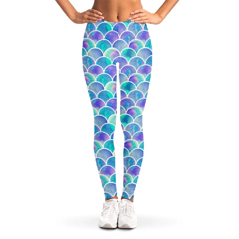 Sea Blue Mermaid Scales Pattern Print Women's Leggings