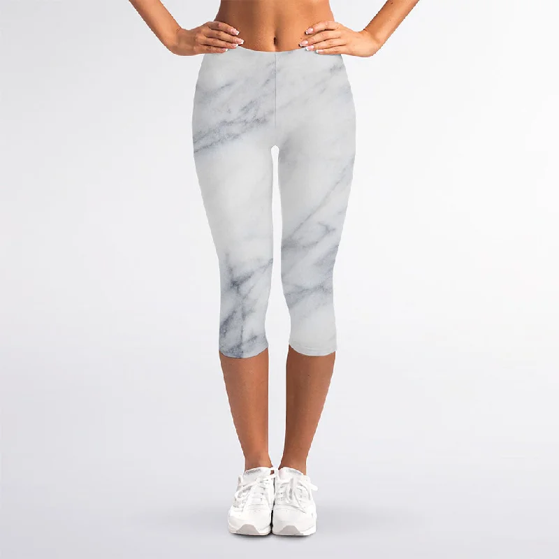 Smoke Grey Marble Print Women's Capri Leggings