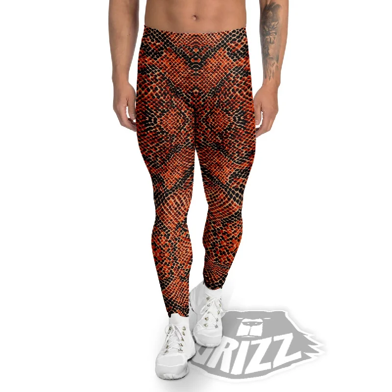 Snake Orange Print Pattern Men's Leggings