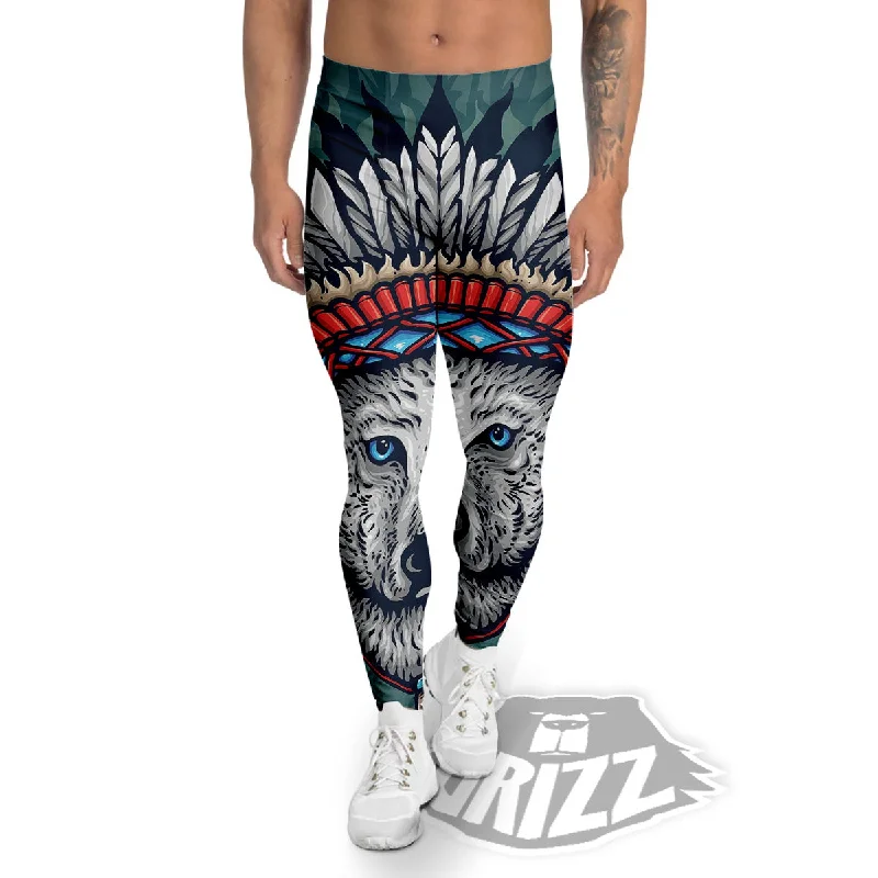 Spirit Animal Native American Wolf Print Men's Leggings