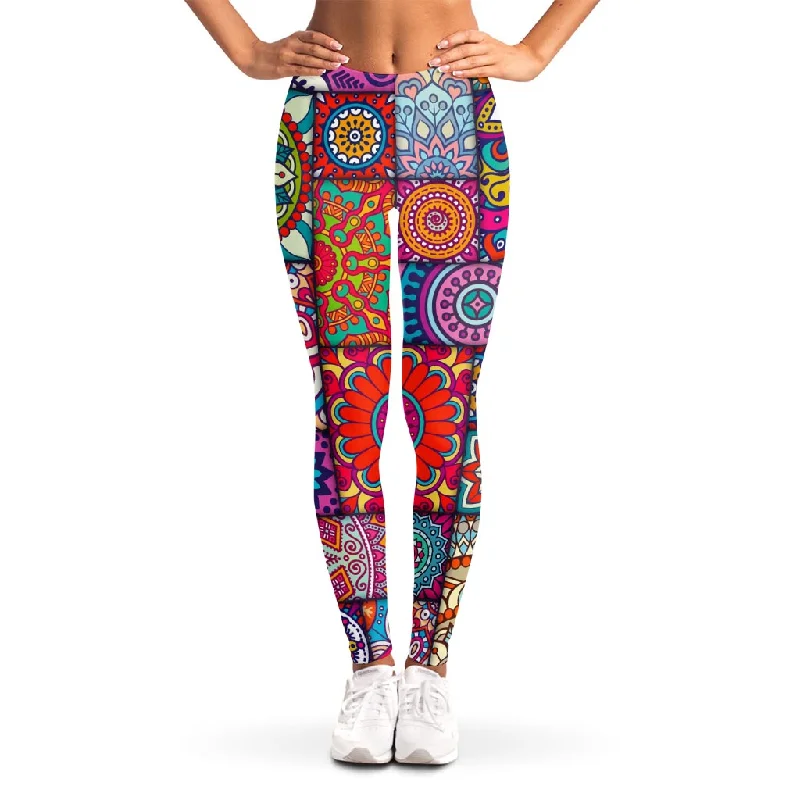 Square Bohemian Mandala Patchwork Print Women's Leggings