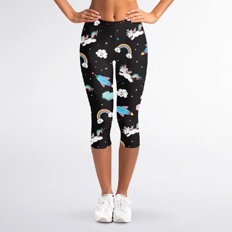 Star Space Unicorn Pattern Print Women's Capri Leggings