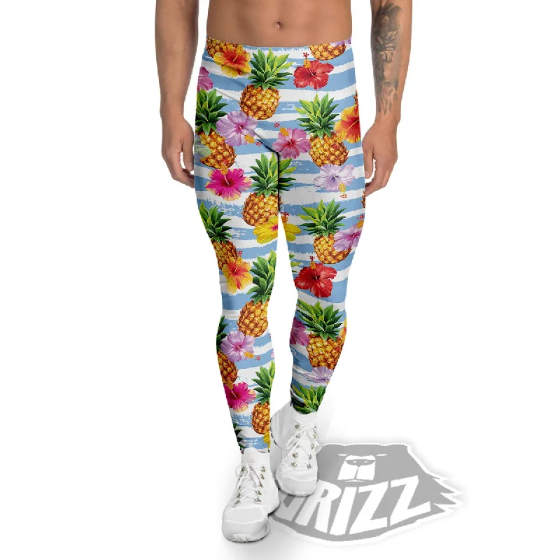 Striped Hibiscus And Pineapple Print Men's Leggings