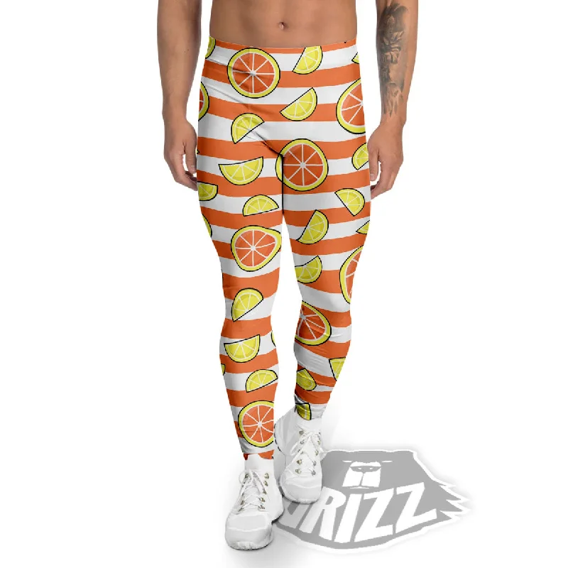 Striped Lemon And Orange Print Pattern Men's Leggings